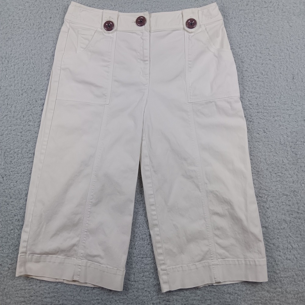 Talbots Capri Pant Women 10 White Stretch Cotton Wide Leg Decorative Button